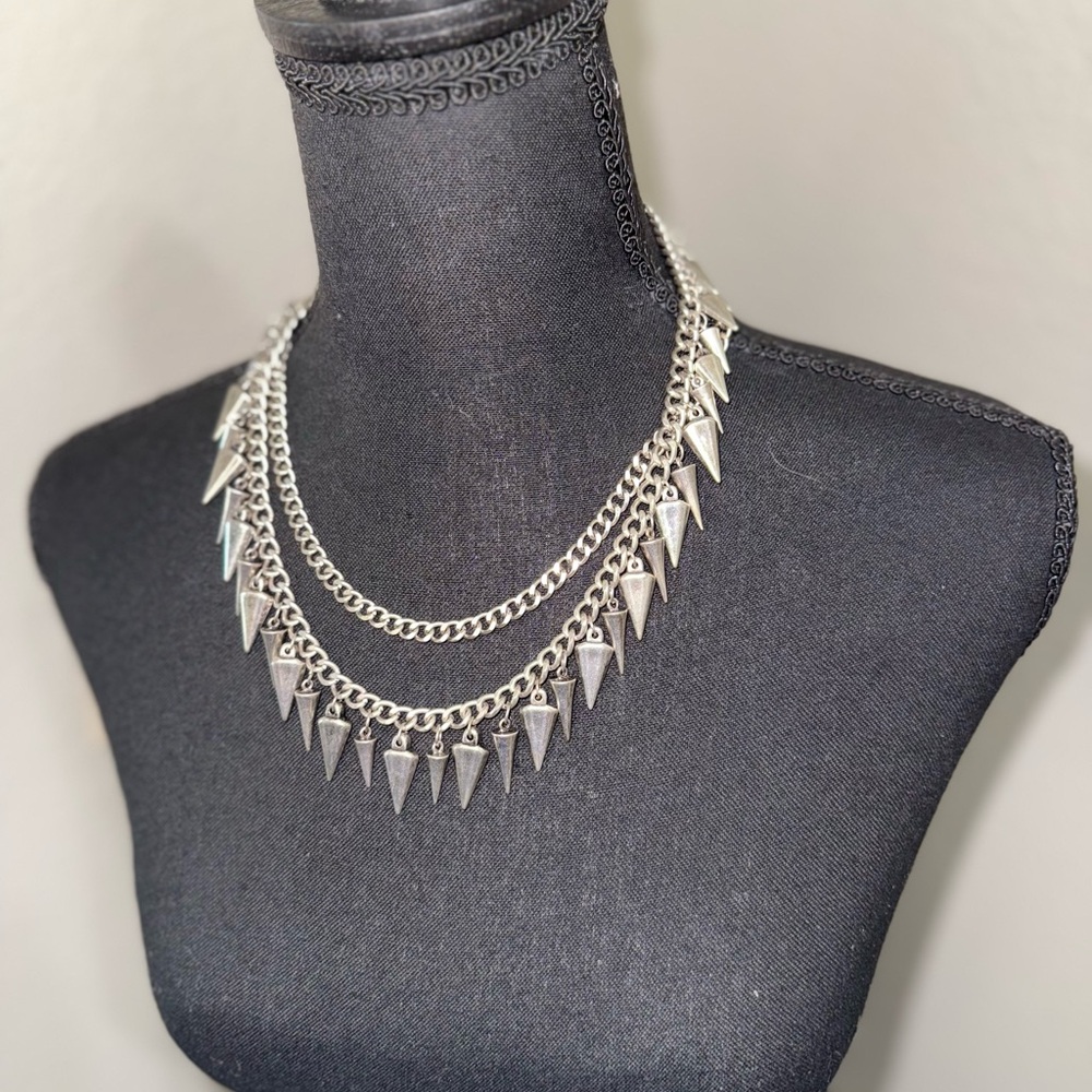 Stainless Steal 2 Chain Spiked Necklace - Picture 3 of 7